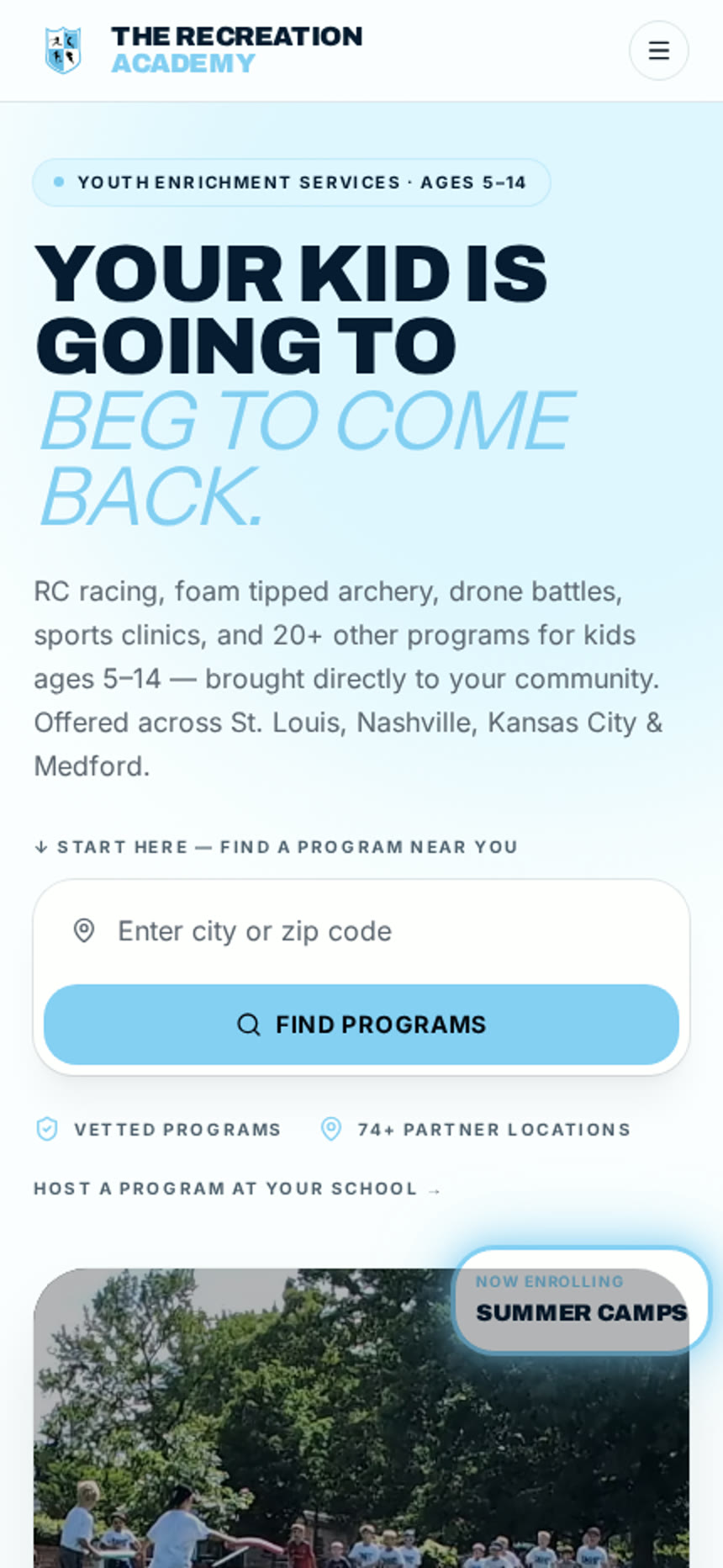 The Recreation Academy homepage displayed at phone size